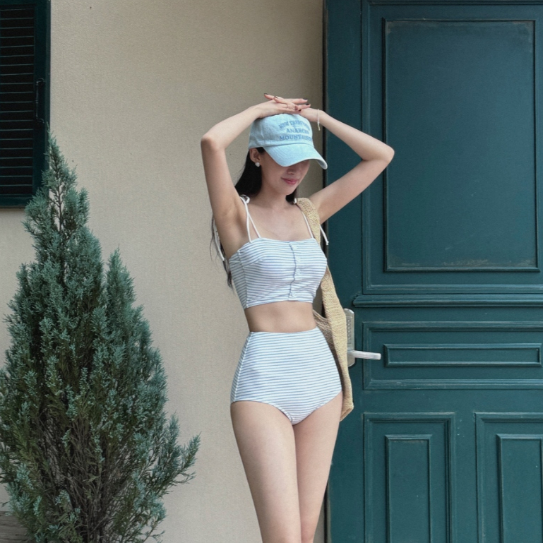 [CÓ SẴN] Set Bikini Kẻ Dáng Ôm Cạp Cao Có mút lót 🌺 Áo bơi Áo tắm đi biển Phong cách Hàn Quốc🌺 Freeship (EB02) | BigBuy360 - bigbuy360.vn