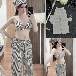 Set Bộ Áo Bra Sọc Croptop + Quần Ống Xuông Rộng Lưng Chun + Khăn Sọc