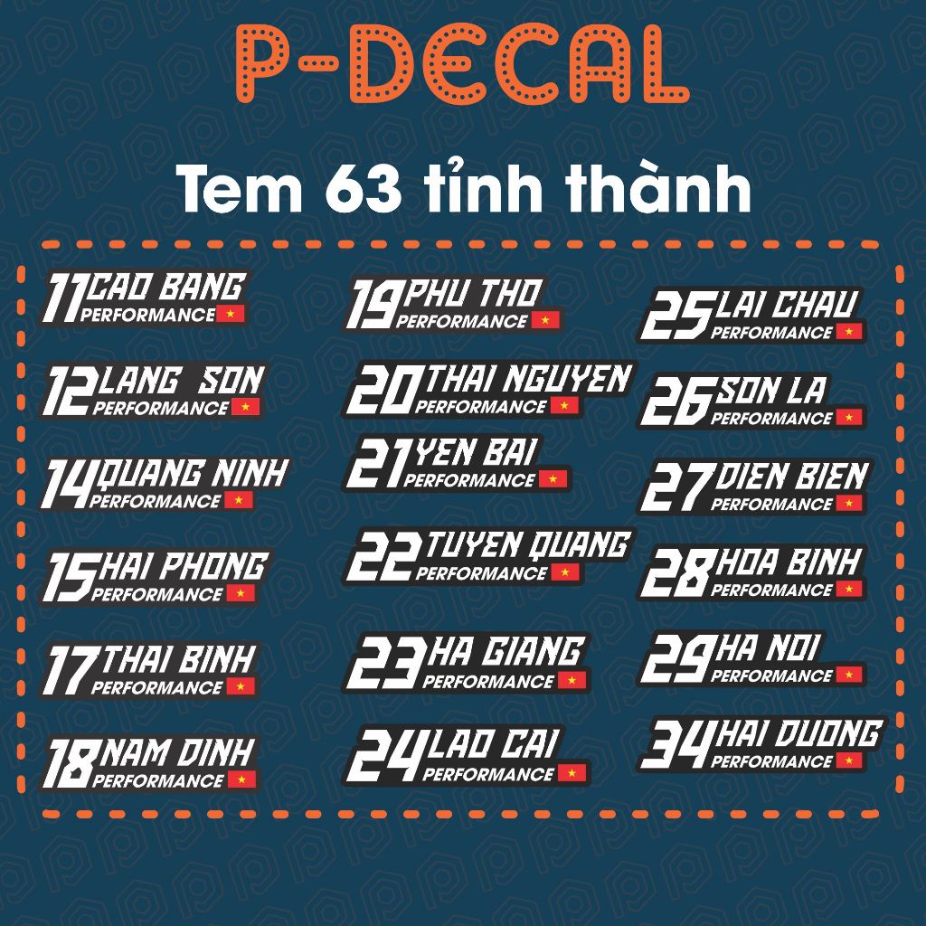 Tem Tỉnh Thành Việt Nam, Tem Dán Xe Performance 63 Tỉnh Thành, Chất Liệu Decal Cao Cấp, Chống Nước