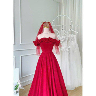  Đầm đi bàn váy cưới dự tiệc cô dâu tiểu thư trễ vai kết hoa ngọc Jujin 