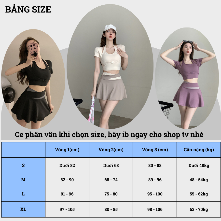 Set bộ thể thao pickleball tập gym đi biển chân váy 2 lớp kín đáo áo croptop tay ngắn giả yếm có mút đệm may liền SET19 | BigBuy360 - bigbuy360.vn