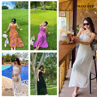 Đầm Maxi Cúp Ngực Dây Nơ Cổ Đi Biển, Maxi Khoe Vai Trần Gợi Cảm, Chất Voan 2 lớp, Mềm Mịn Thướt tha