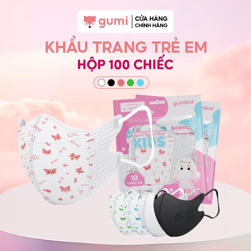 Hộp 100 chiếc Khẩu trang trẻ em 5D Gumi 3 lớp mask kháng khuẩn lọc bụi PM 2.5