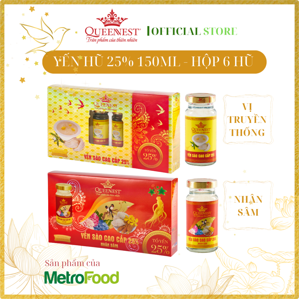 QUEENNEST Hộp Nước Yến Sào Cao Cấp 25% 150ml (Hộp 6 Hũ)