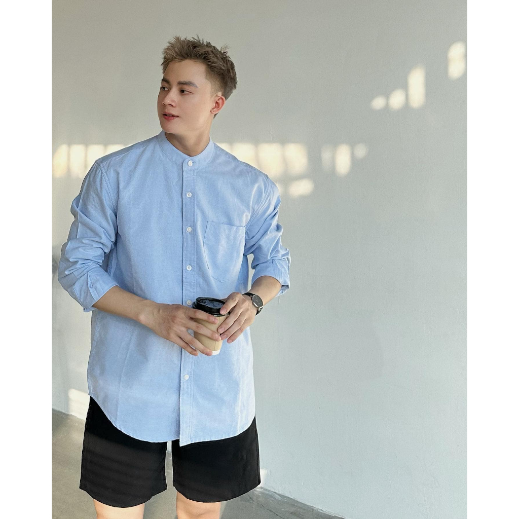 Áo Sơ Mi Cổ Tàu Oxford Tay Dài Nam Nữ Hàn Quốc Cổ Trụ ZUTEE Form Rộng | BigBuy360 - bigbuy360.vn