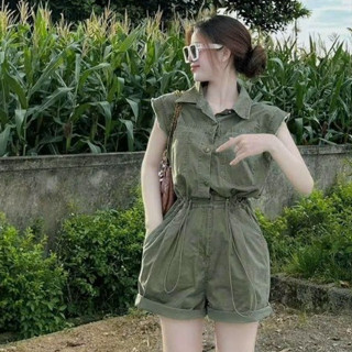 Jum thời trang nữ mặc đi chơi chất jean cổ sơ mi đính nút tay ngắn dây rút eo dáng quần ống rộng dáng đứng dài mini