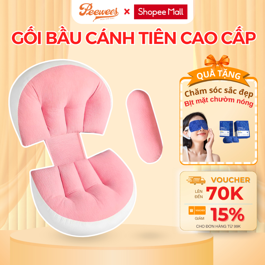 Gối Bầu Cánh Tiên PeeWees Nâng Đỡ Bụng Toàn Diện, Ôm Trọn Bụng Bầu, Giảm Tối Đa Đau Lưng Giúp Mẹ Bầu Ngủ Ngon Sâu Giấc