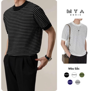 Áo len dệt kim nam cổ tròn MYA, áo thun nam phối kẻ ngang cổ bo cao cấp len mỏng thoáng mát Hàn Quốc