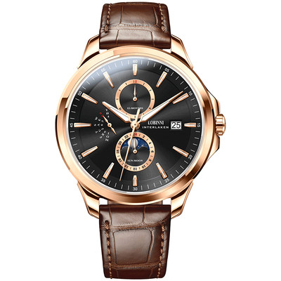 Đồng hồ nam chính hãng Lobinni LB18019G-D2 Kính sapphire,chống xước,Chống nước ,Máy cơ(Automatic),mặt đen dây da nâu xịn