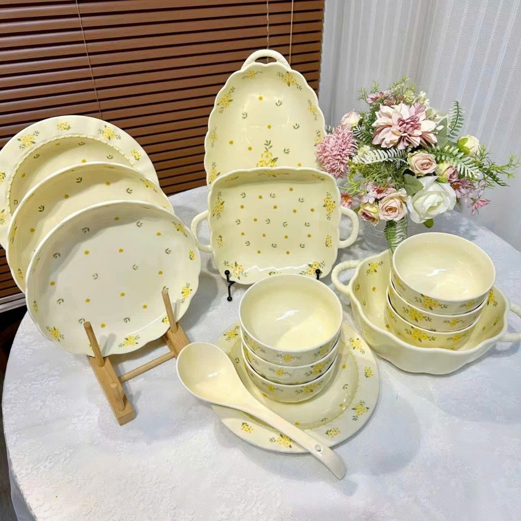  Bộ chén sứ đĩa thố tô ly ,bộ dụng cụ ăn cơm gia đình hoa Bi vàng đáng yêu - Gốm sứ SH 