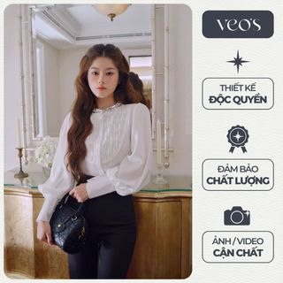  Áo Sơ Mi Tơ Veo's Kiểu Nữ Cổ Tàu Đính Đá Smock Tay Bồng Tiểu Thư Thanh Lịch Công Sở Trendy - Brie Shirt 