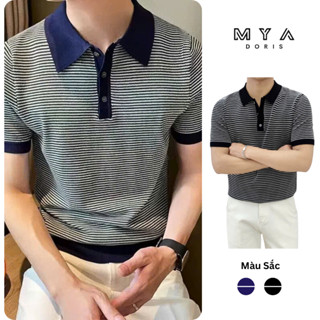 Áo Polo Nam dệt kim MYA, áo Polo len nam kẻ ngang phối viền cao cấp mềm mịn trẻ trung basic