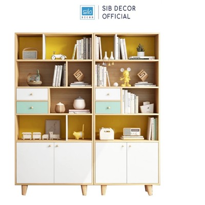 [Giao lắp tại TP.HCM] Tủ Sách Gỗ Phong Cách Bắc Âu Decor, Kệ Đa Năng Có 2 Cánh Cửa, 2 Ngăn Kéo Giảm Chấn SIB Decor KSG43