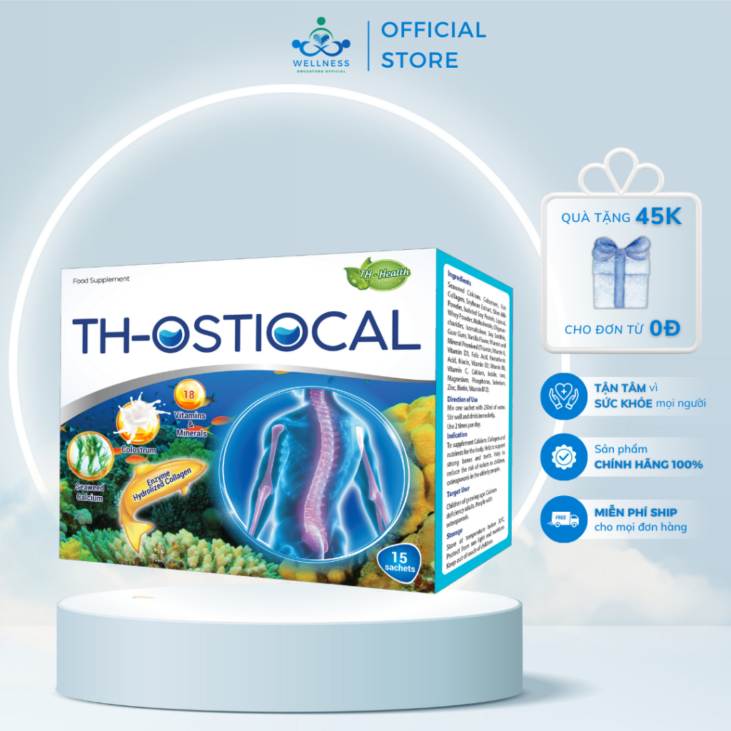 Bột TH Ostiocal TH HEALTH giúp bổ sung Canxi, Collagen hỗ trợ xương & răng chắc khỏe (hộp 15 gói x 2