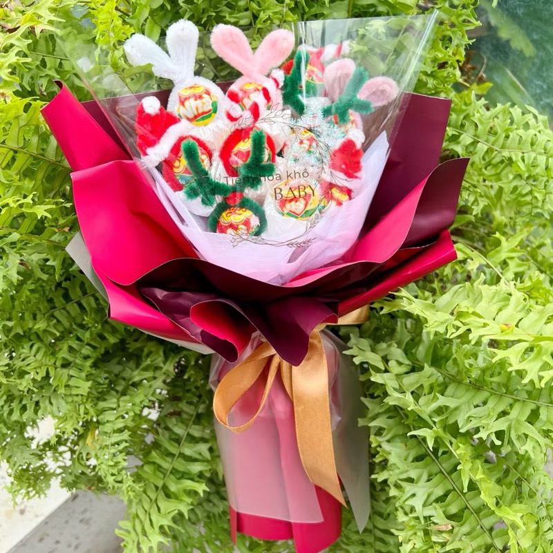 Bó hoa kẹo mút kẽm nhung tai thỏ chupachups 10 viên, quà tặng giáng sinh, Noen, sinh nhật
