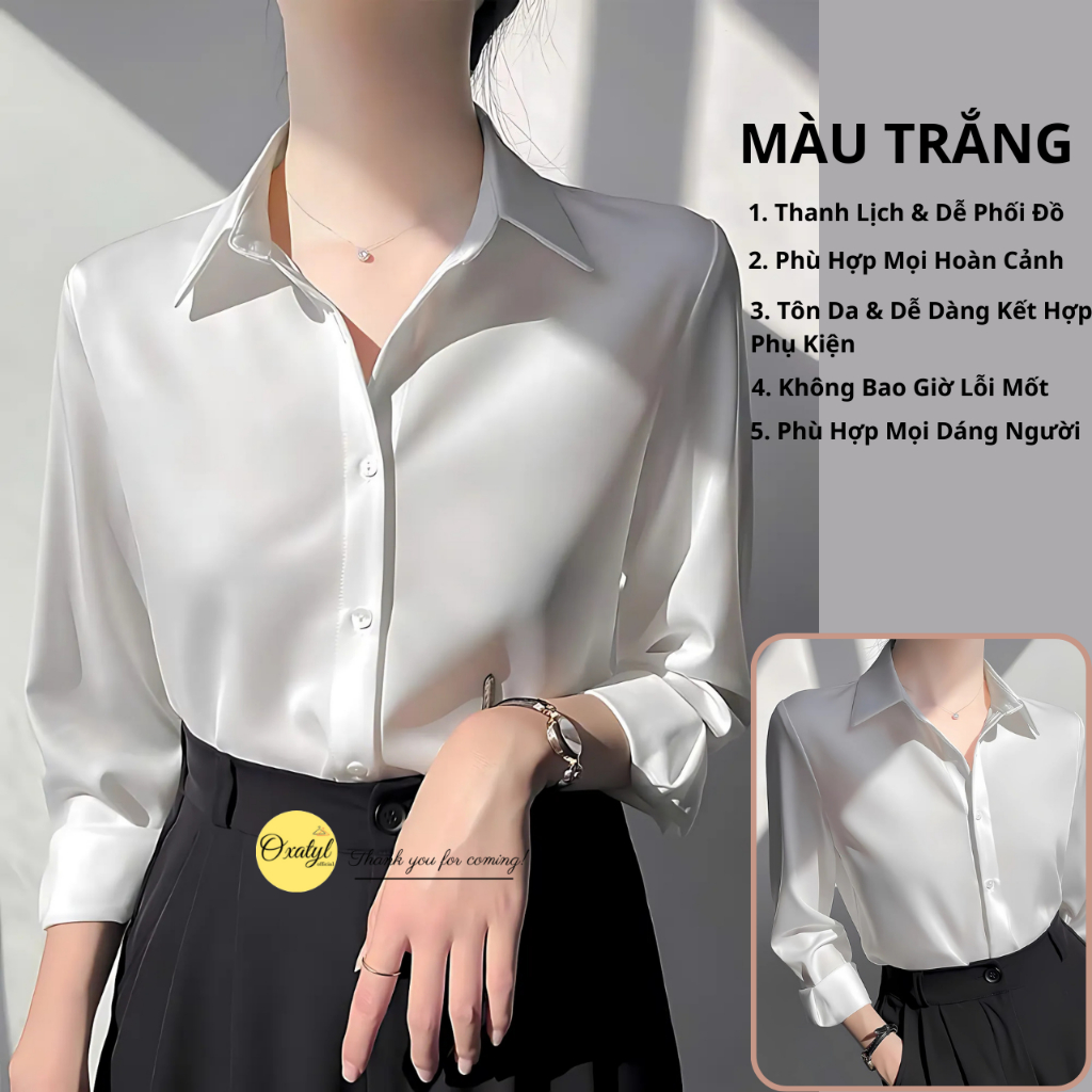 Áo sơ mi nữ dài tay màu trắng mặc đi làm công sở OXATYL M12 chất vải lụa mềm mại | BigBuy360 - bigbuy360.vn