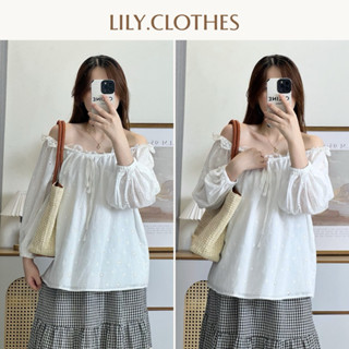 Lily.clothes- Áo trễ vai viền ren buộc nơ điệu đà vải thô boi mềm có lớp lót