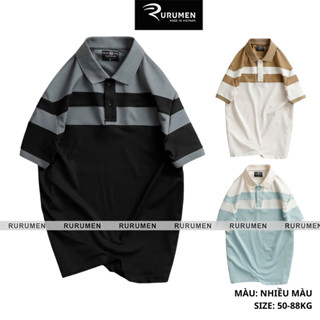  Áo Thun Polo Nam Rurumen Họa Tiết Sọc Ngang Trẻ Trung - Áo Thun Nam Cổ Bẻ Cao Cấp Big Size 
