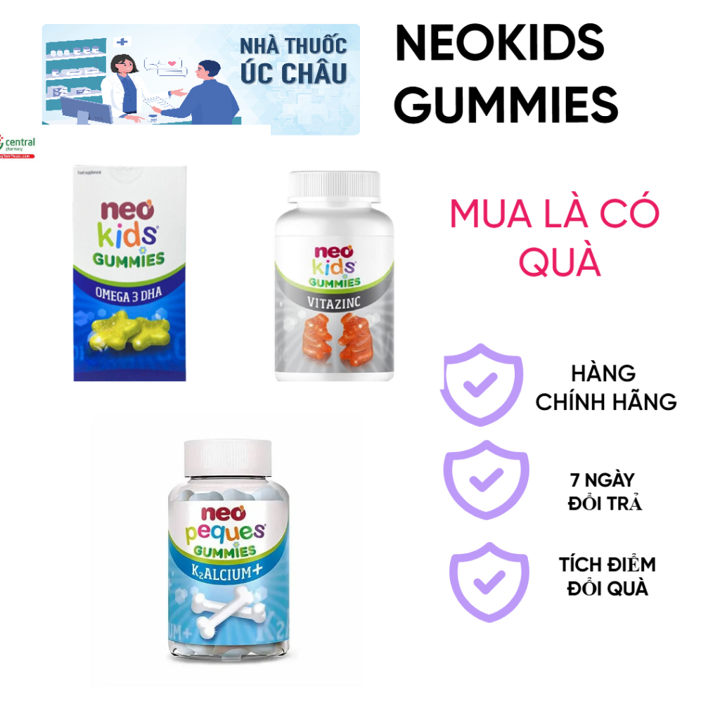 Gummies Neo kids Kẹo dẻo Canxi, Neo Kids ZinC bổ sung kẽm, Neo Kids Omega 3 DHA cho bé