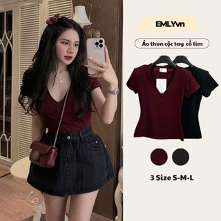  EMLYvn -  CÓ ĐỆM VAI   Áo Thun Cotton Zip Áo Cộc Tay Nữ Áo Cổ Tim Ôm Body KIM ANH BÙI 