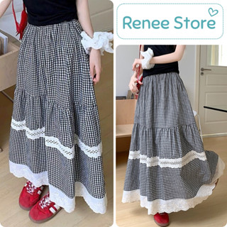 Chân váy kẻ đen viền ren 2 lớp, váy midi dáng xòe lưng chun chất kate Renee Store - VD399