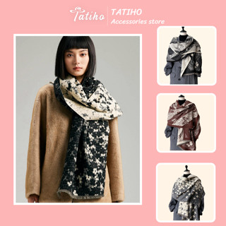  Khăn Choàng Cổ Len Unisex Khăn Quàng Len Dày Dặn Hoạ Tiết Hoa Trắng Đen Thời Trang Thu Đông - 65x180cm - Mã LN134 