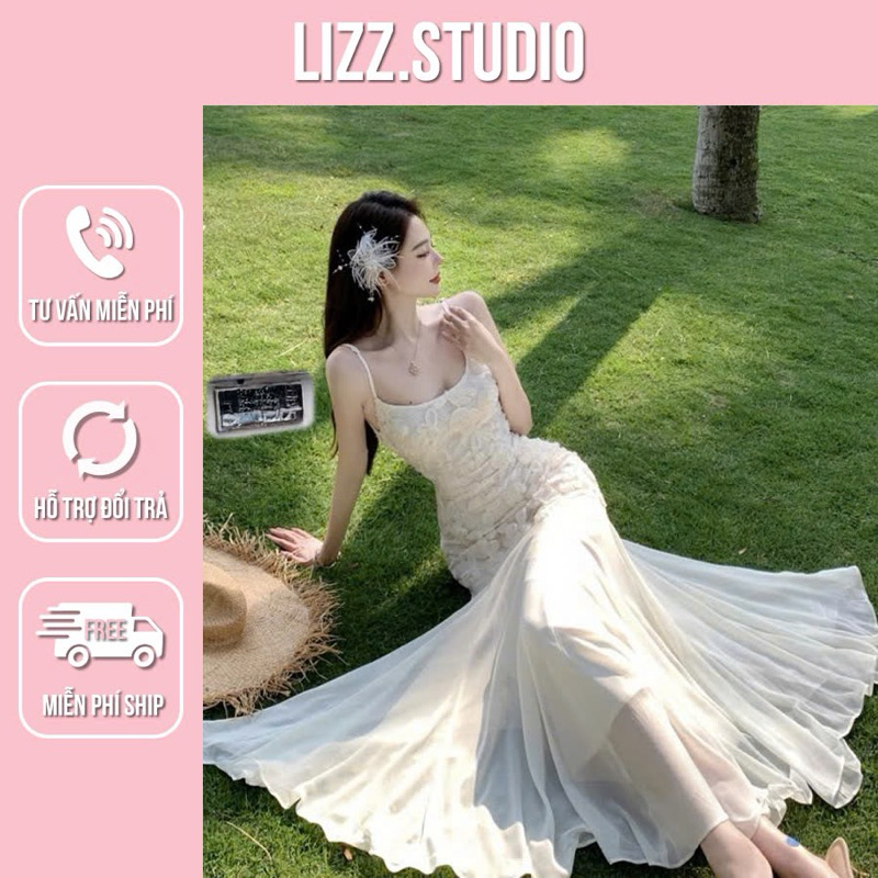 Ivy Dress M751 Váy Hai Dây Đuôi Cá Dáng Dài Phối Hoa ,  Váy body đuôi cá dáng dài đi biển LIZZ STUDIO