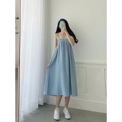 YU CHERRY | Đầm hai dây chất vải cát mịn cách điệu thun ngực Cami Long Dress YD125