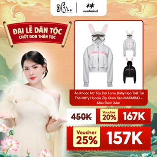 [ Võ Hà Linh x Madmind ] Áo Khoác Nữ Tay Dài Form Baby Họa Tiết Tai Thỏ Miffy Hoodie Zip Khóa Kéo MADMIND - Màu Đen/ Xám