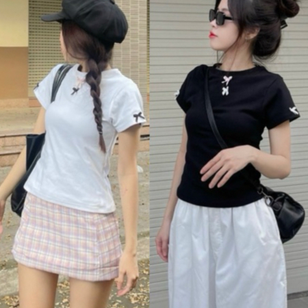 Áo thun đính nơ BUN222 form ôm body cho nữ, baby tee đủ màu chất cotton co giãn thoải mái | BigBuy360 - bigbuy360.vn