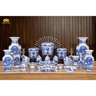 Bộ thờ cúng men xanh lam kĩ - đồ thờ cúng gia tiên thổ công bàn thờ thần tài gốm sứ Bát Tràng 