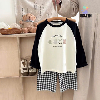  Sét bé gái áo dài tay phối in hình quần dài caro ống suông Delfinkids sét dài bé gái đi học vải cotton 4c từ 10-30kg 