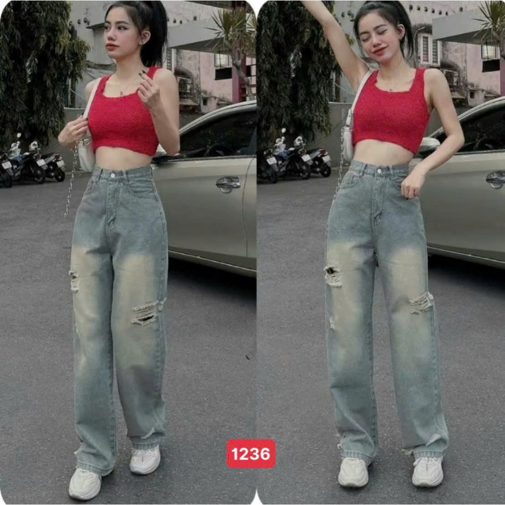 Quần jean nữ ống rộng, quần baggy nữ chất denim cạp cao phối rách thời trang A-T Fashion - MQ1236