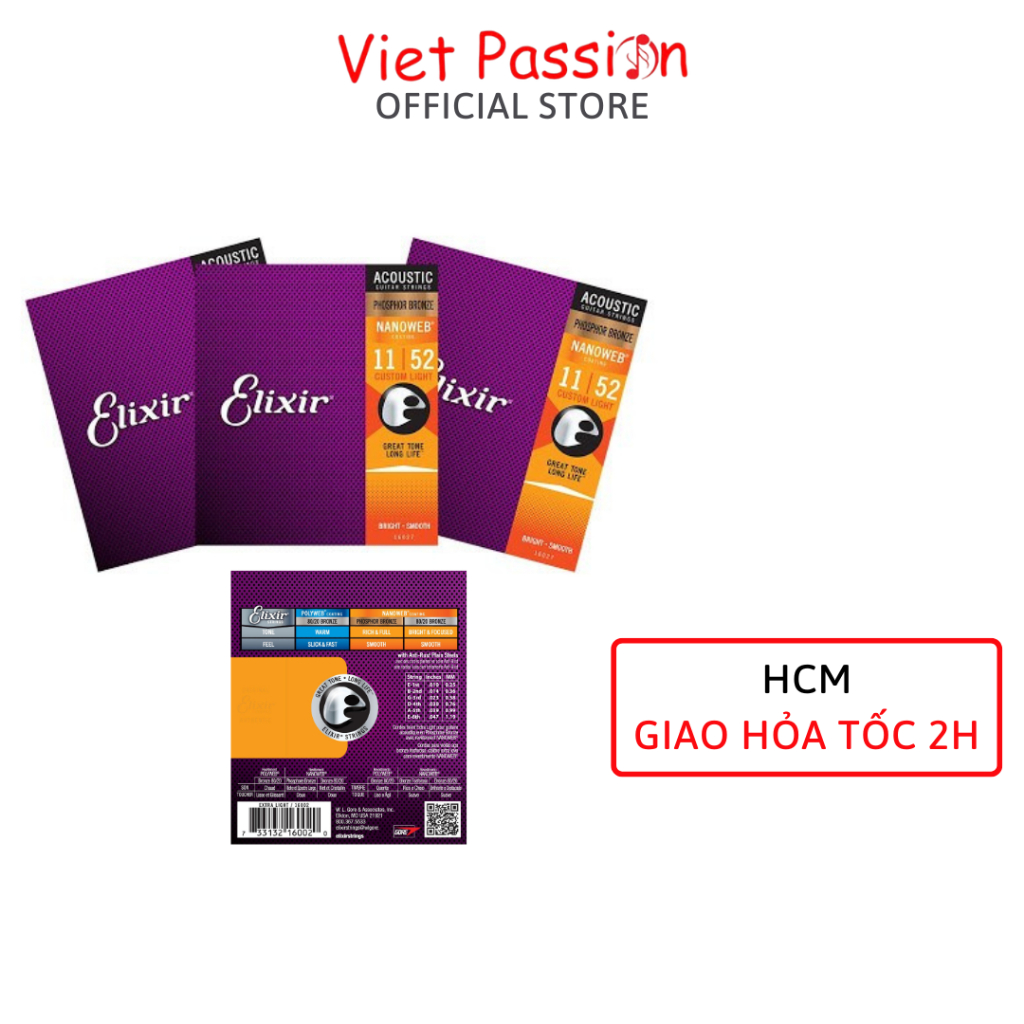 Dây đàn guitar acoustic elixir 16027 Phosphor Bronze Nanoweb cỡ 11 dây đàn Elixir 16052 và 16002 Chi