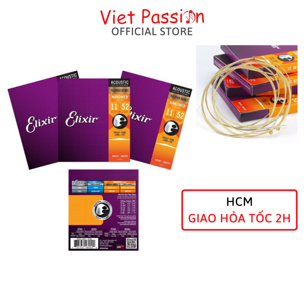 Dây đàn guitar acoustic ELIXIR 16002 Phosphor Bronze Nanoweb cỡ 10 dây đàn Elixir chính hãng nhập kh
