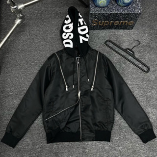 Áo khoác mũ nam nữ Dsq vải gió dù khoá zip hai vai phối mũ nỉ bông in chữ viền trần bông 2 lớp