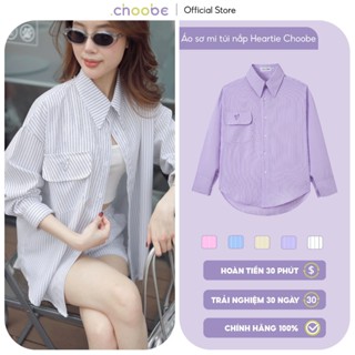 Áo sơ mi nữ Heartie Choobe oversize dài tay dáng rộng hoạ tiết kẻ sọc phối túi nắp hình thêu ASM07