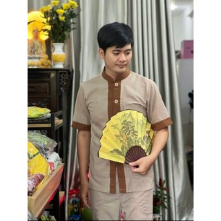 ĐỒ LAM ĐI CHÙA  LÃNH TỤ PHỐI TAY NGẮN DÀNH CHO NAM vải kate mềm mỏng