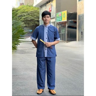 ĐỒ LAM ĐI CHÙA  LÃNH TỤ PHỐI TAY NGẮN DÀNH CHO NAM vải kate mềm mỏng