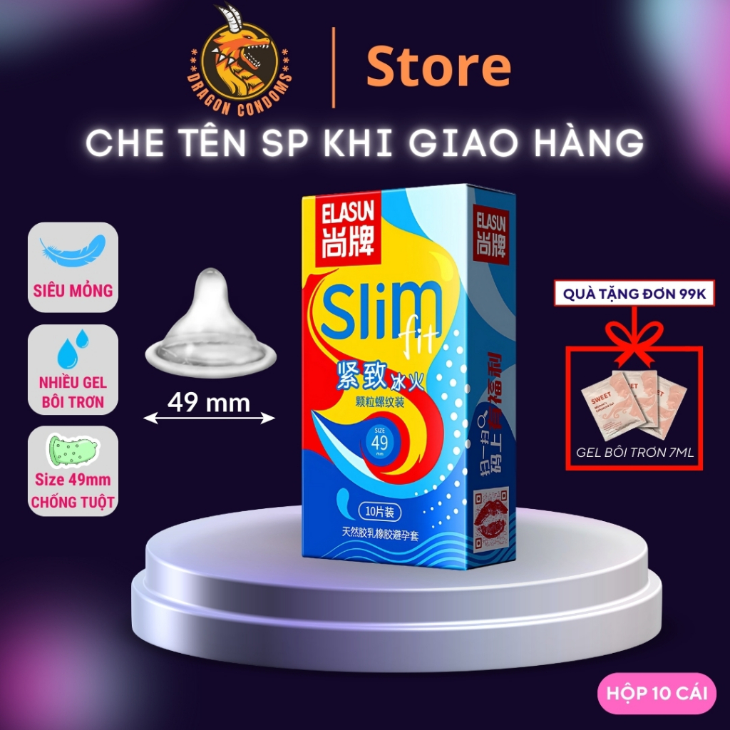 Bao cao su size nhỏ 49mm chống tuột ELASUN SLIM hộp 10 cái BCS siêu mỏng 49mm kéo dài thời gian