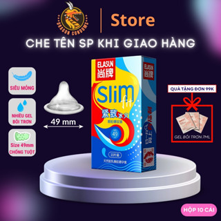 Bao cao su size nhỏ 49mm chống tuột ELASUN SLIM hộp 10 cái BCS siêu mỏng 49mm kéo dài thời gian
