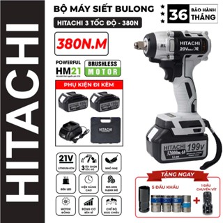 Máy Siết Bulong HITACHI 20V - Máy bắn bulong không chổi than - 2 pin 10cell Tặng 5 khẩu + chuyển vít