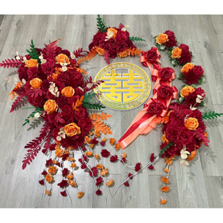 Bộ Hoa Giả Trang Trí Xe Cưới Mẫu Cam-Đỏ