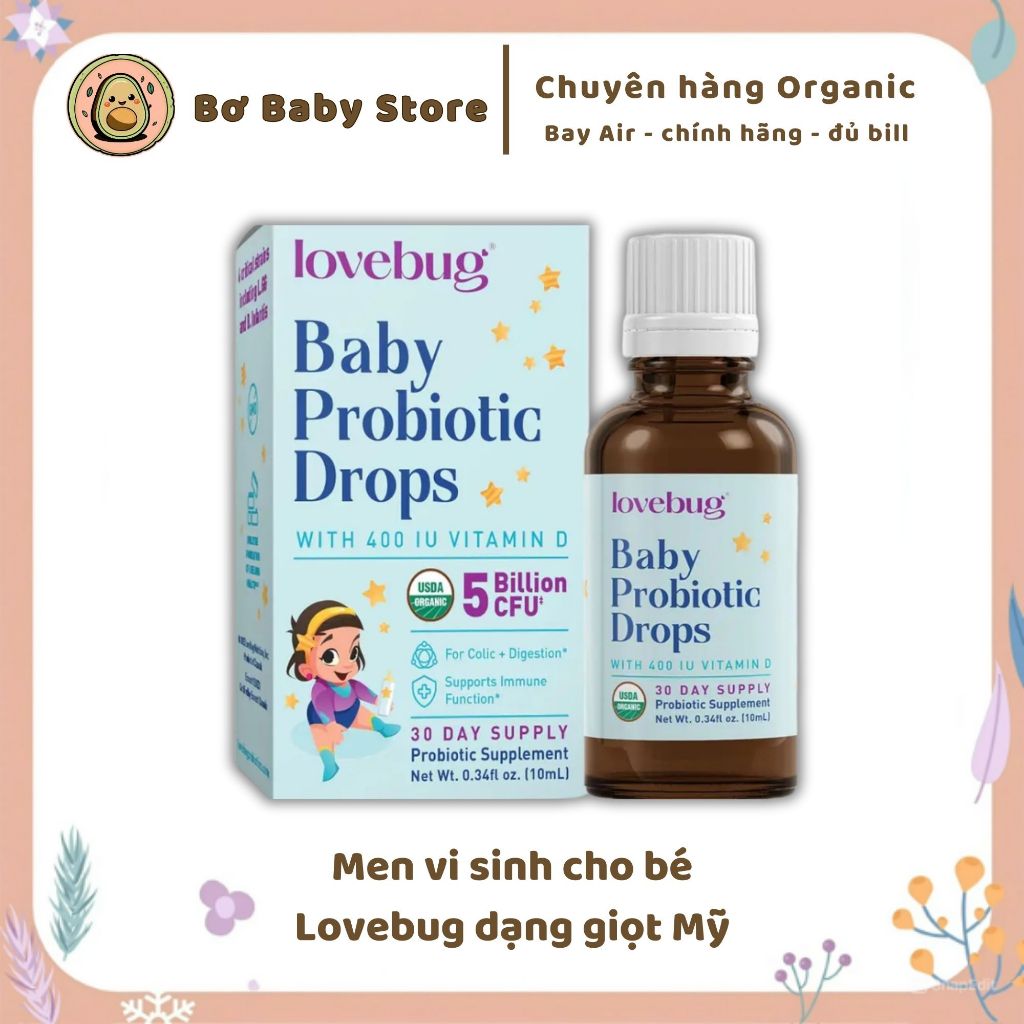 Men vi sinh hữu cơ cho bé Lovebug DẠNG GIỌT Mỹ hỗ trợ hệ tiêu hoá và tăng cường đề kháng cho bé ( Ba