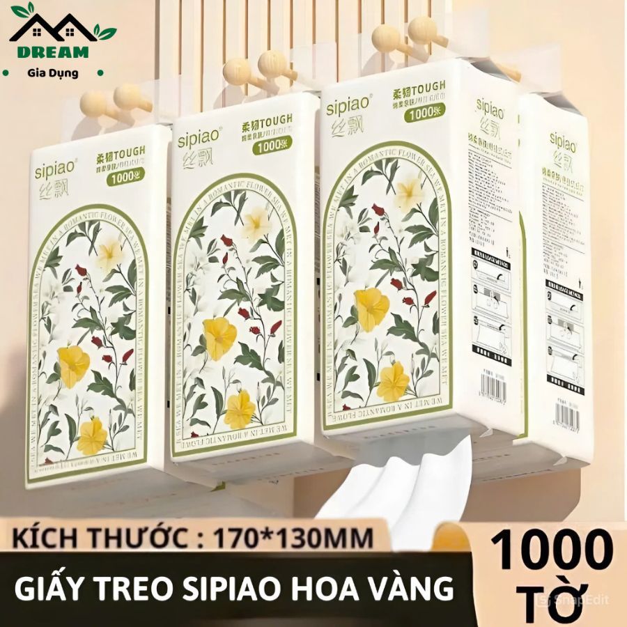 [ Mẫu Mới 2025 ] Thùng 10 Bịch Giấy Treo Đa Năng SIPIAO Hoa Vàng, 4 Lớp mỗi bịch 1000 Tờ Loại 1, Tặng Kèm Móc Treo