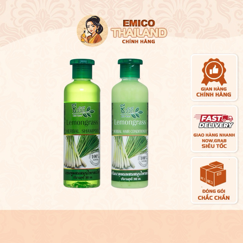 Bộ Dầu Gội Xả Chiết Xuất Tinh Dầu Sả Chanh Lemongrass Bio Way Thái Lan - Set 2 chai 360ml