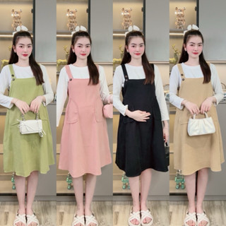  Set Váy Yếm Bầu Áo + Váy Rời Nhung Mềm Suông Cổ Vuông Form Dáng A Hàn Quốc Có Dây Thắt Eo Túi 2 Bên Form Dễ Mặc 