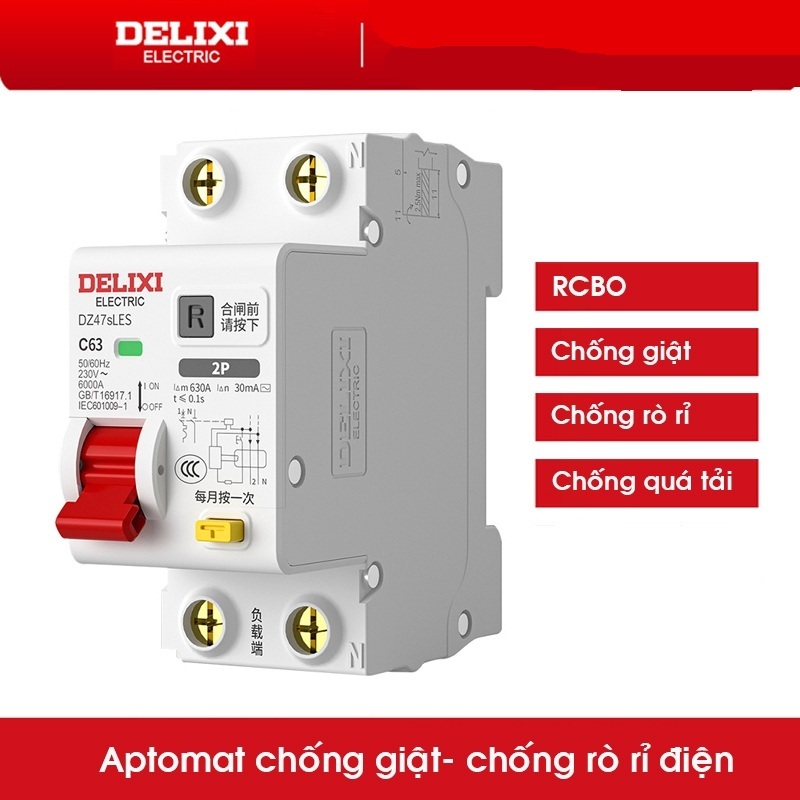 CB,Aptomat chống rò, chống giật,Chống quá tải 2 pha 220V 20A,32A và 63A RCBO DELIXI