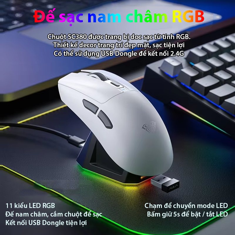 Chuột Gaming AULA SC380 - Siêu nhẹ chỉ 59 gr - 3 Mode kết nối - Dock sạc RGB - DPI 12000 | BigBuy360 - bigbuy360.vn