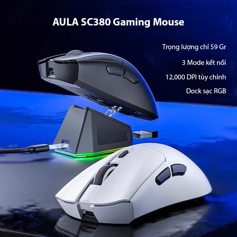 Chuột Gaming AULA SC380 - Siêu nhẹ chỉ 59 gr - 3 Mode kết nối - Dock sạc RGB - DPI 12000 | BigBuy360 - bigbuy360.vn